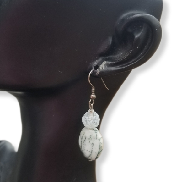 VINTAGE TREE AGATE GEMSTONE & GLASS DROP HOOK EARRINGS - Picture 1 of 5